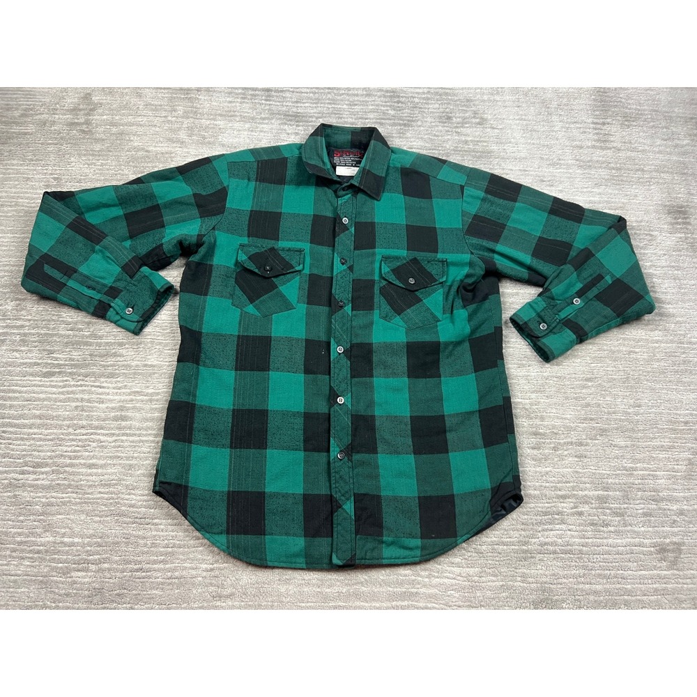 St. Moritz Flannel Shirt Jacket Mens M Green Black Buffalo Plaid Quilted Lined